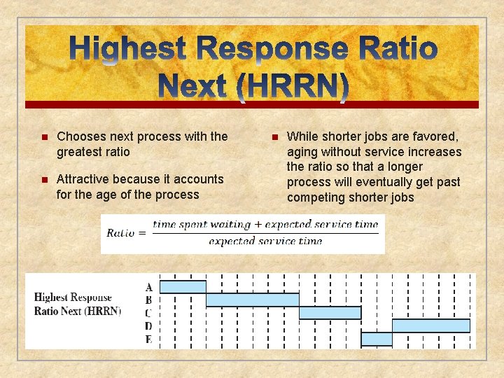 n Chooses next process with the greatest ratio n Attractive because it accounts for