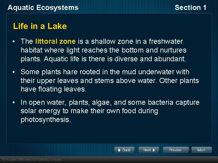 Aquatic Ecosystems Section 1 Life in a Lake • The littoral zone is a
