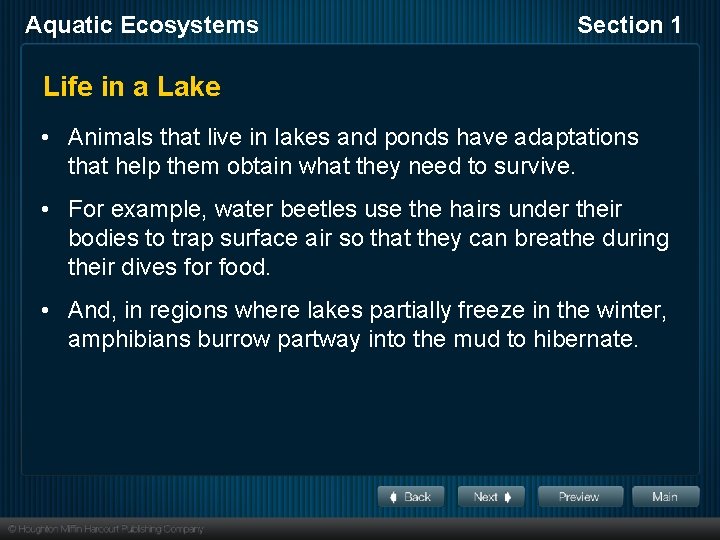 Aquatic Ecosystems Section 1 Life in a Lake • Animals that live in lakes