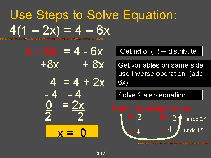 Use Steps to Solve Equation: 4(1 – 2 x) = 4 – 6 x