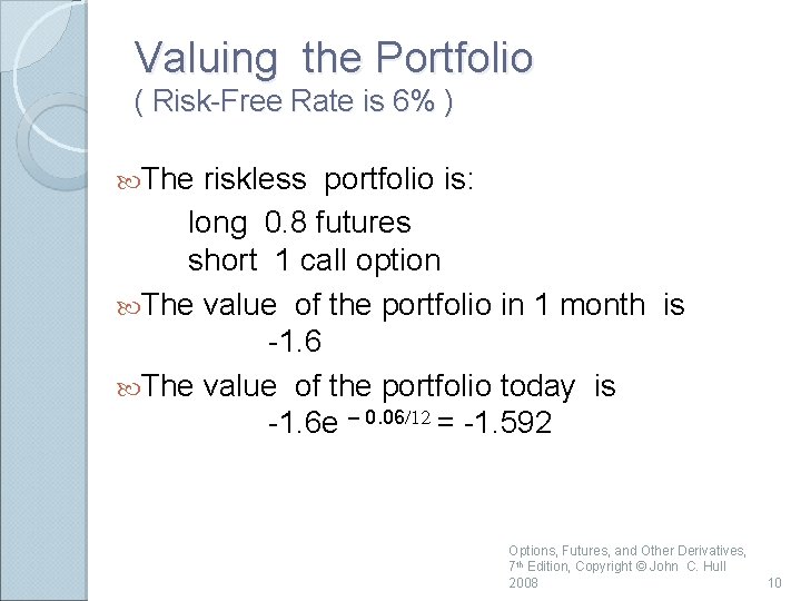 Valuing the Portfolio ( Risk-Free Rate is 6% ) The riskless portfolio is: long