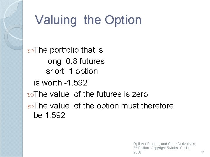 Valuing the Option The portfolio that is long 0. 8 futures short 1 option