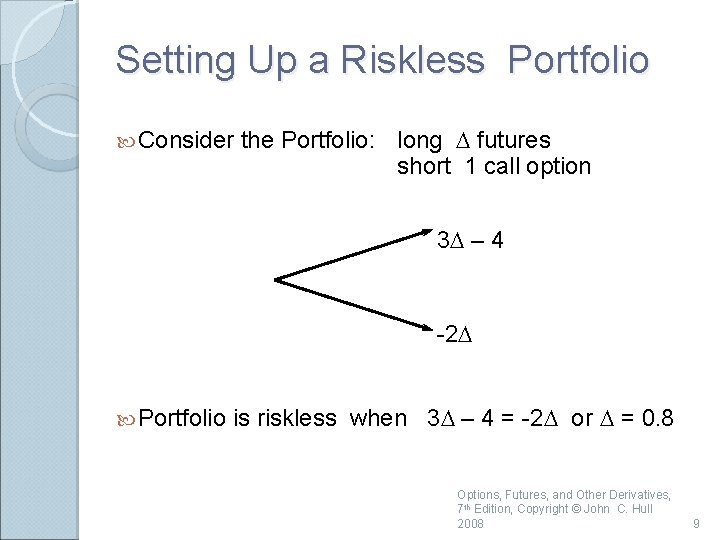 Setting Up a Riskless Portfolio Consider the Portfolio: long D futures short 1 call