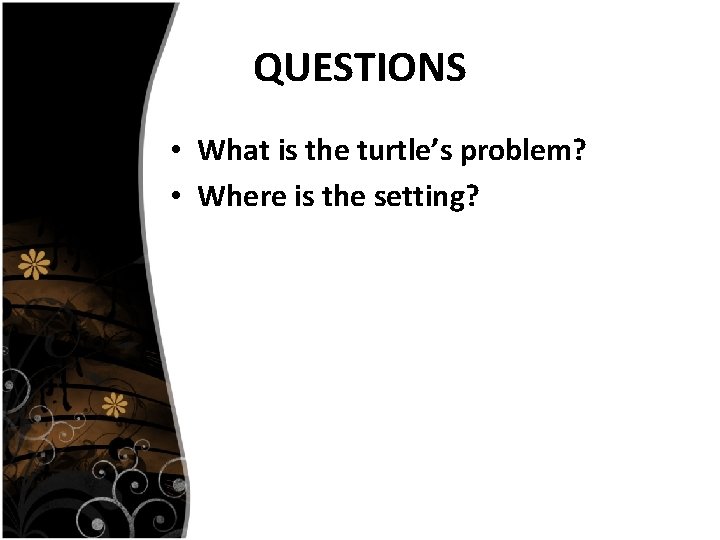 QUESTIONS • What is the turtle’s problem? • Where is the setting? 