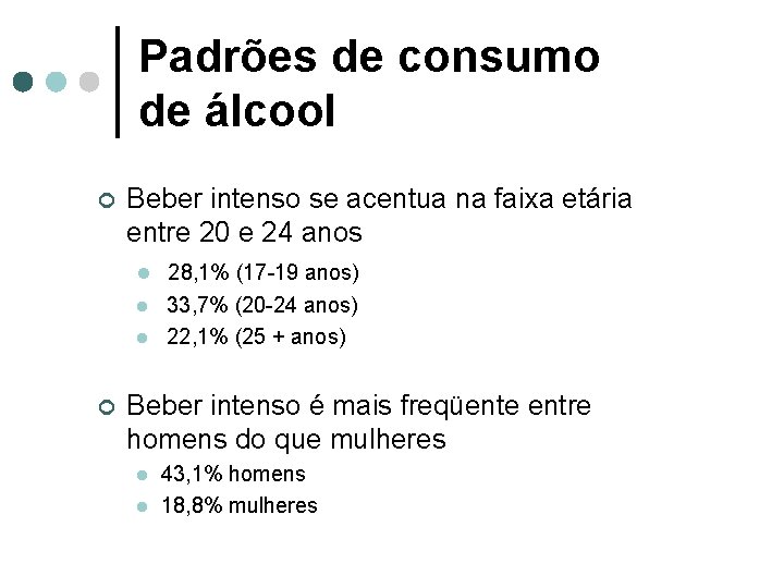 Padrões de consumo de álcool ¢ Beber intenso se acentua na faixa etária entre