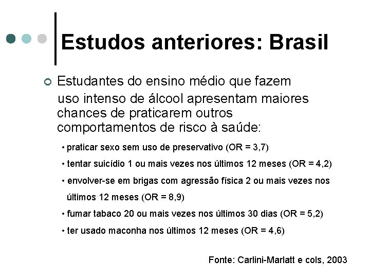 Estudos anteriores: Brasil ¢ Estudantes do ensino médio que fazem uso intenso de álcool Estudos anteriores: Brasil ¢ Estudantes do ensino médio que fazem uso intenso de álcool