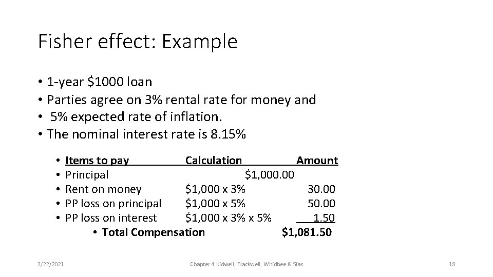 Fisher effect: Example • 1 -year $1000 loan • Parties agree on 3% rental