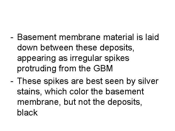 - Basement membrane material is laid down between these deposits, appearing as irregular spikes