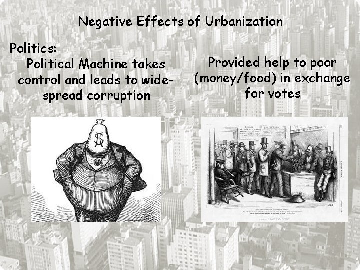 Negative Effects of Urbanization Politics: Political Machine takes control and leads to widespread corruption Negative Effects of Urbanization Politics: Political Machine takes control and leads to widespread corruption