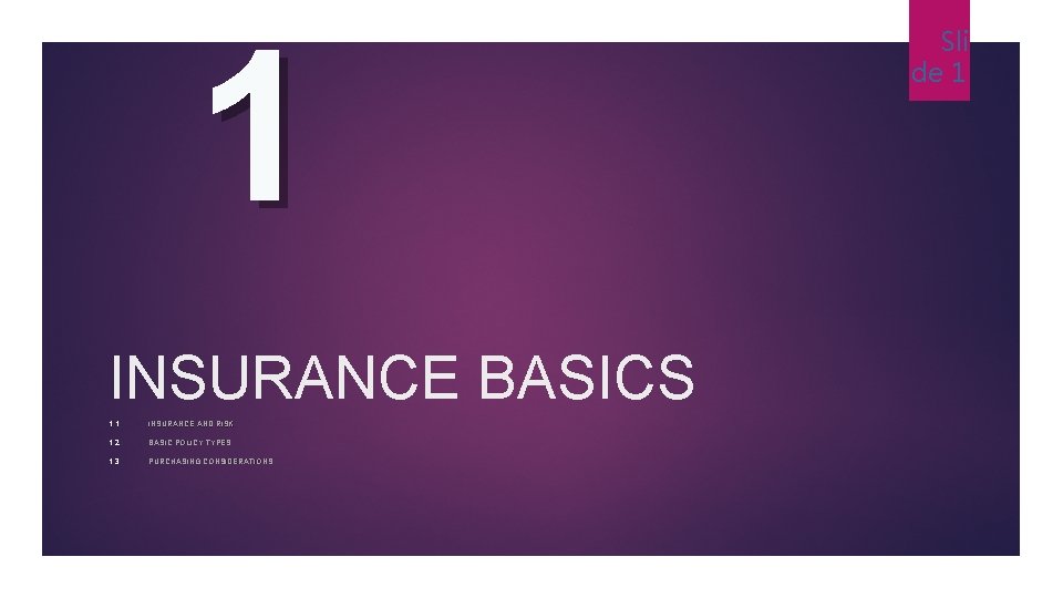 1 INSURANCE BASICS 1. 1 INSURANCE AND RISK 1. 2 BASIC POLICY TYPES 1.