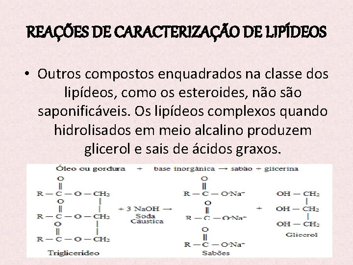 REAÇÕES DE CARACTERIZAÇÃO DE LIPÍDEOS • Outros compostos enquadrados na classe dos lipídeos, como