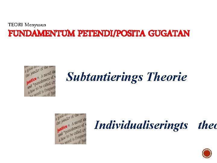 TEORI Menyusun FUNDAMENTUM PETENDI/POSITA GUGATAN Subtantierings Theorie Individualiseringts theo 