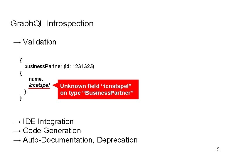 Graph. QL Introspection → Validation { business. Partner (id: 1231323) { name, icnatspel }