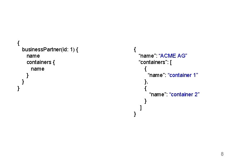 { business. Partner(id: 1) { name containers { name } } { “name”: “ACME