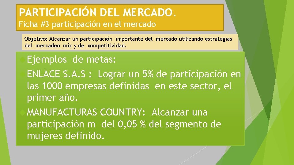 PARTICIPACIÓN DEL MERCADO. Ficha #3 participación en el mercado Objetivo: Alcanzar un participación importante PARTICIPACIÓN DEL MERCADO. Ficha #3 participación en el mercado Objetivo: Alcanzar un participación importante