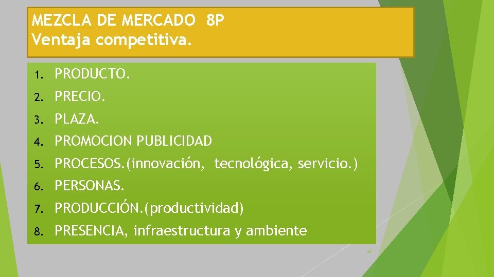 MEZCLA DE MERCADO 8 P Ventaja competitiva. 1. PRODUCTO. 2. PRECIO. 3. PLAZA. 4. MEZCLA DE MERCADO 8 P Ventaja competitiva. 1. PRODUCTO. 2. PRECIO. 3. PLAZA. 4.