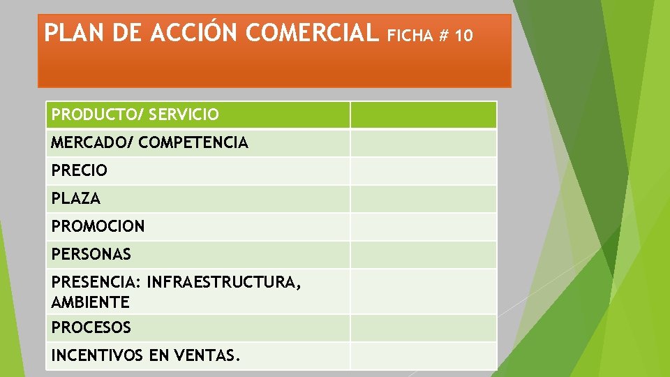 PLAN DE ACCIÓN COMERCIAL PRODUCTO/ SERVICIO MERCADO/ COMPETENCIA PRECIO PLAZA PROMOCION PERSONAS PRESENCIA: INFRAESTRUCTURA, PLAN DE ACCIÓN COMERCIAL PRODUCTO/ SERVICIO MERCADO/ COMPETENCIA PRECIO PLAZA PROMOCION PERSONAS PRESENCIA: INFRAESTRUCTURA,