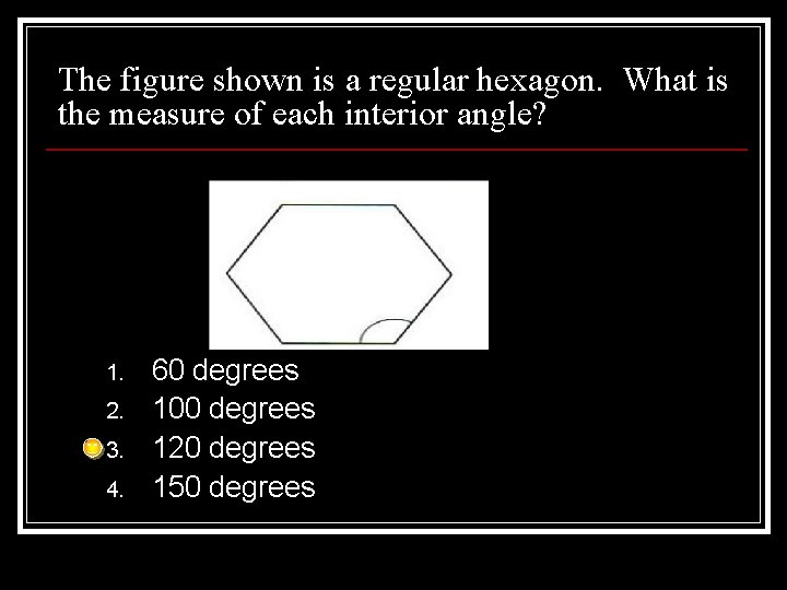 The figure shown is a regular hexagon. What is the measure of each interior