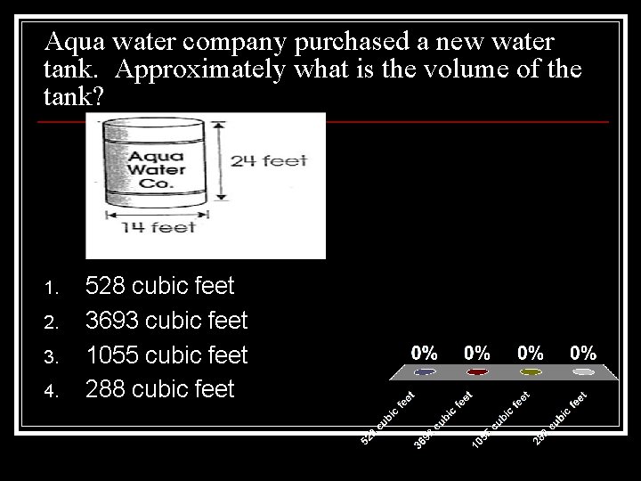 Aqua water company purchased a new water tank. Approximately what is the volume of