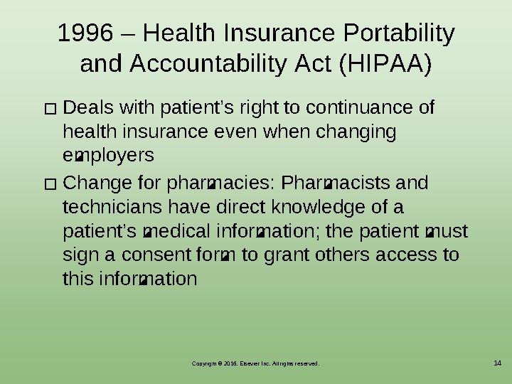 1996 ‒ Health Insurance Portability and Accountability Act (HIPAA) Deals with patient’s right to