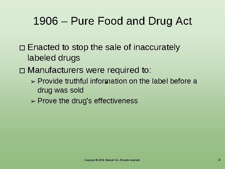 1906 ‒ Pure Food and Drug Act Enacted to stop the sale of inaccurately