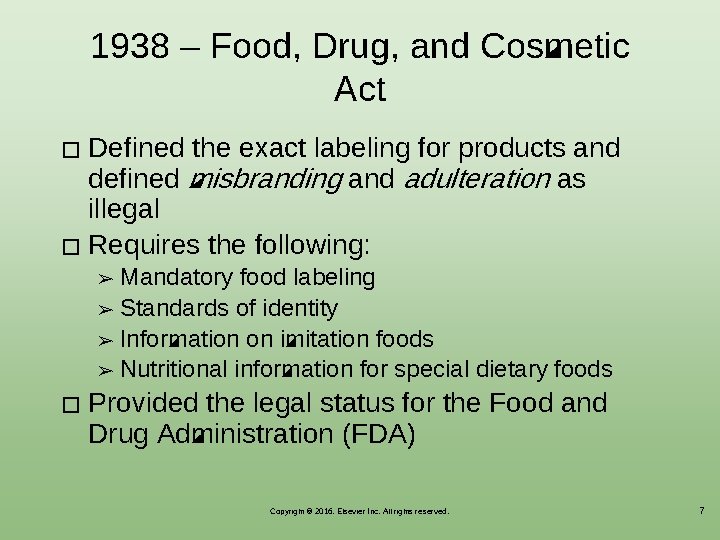 1938 ‒ Food, Drug, and Cosmetic Act Defined the exact labeling for products and