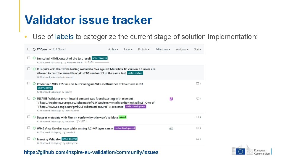 Validator issue tracker • Use of labels to categorize the current stage of solution