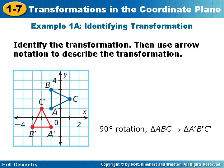 1 -7 Transformations in the Coordinate Plane Example 1 A: Identifying Transformation Identify the