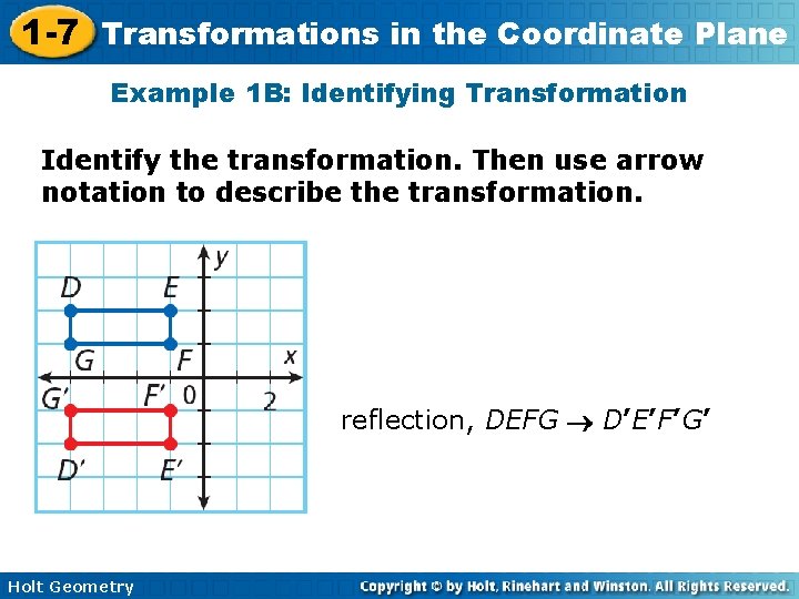 1 -7 Transformations in the Coordinate Plane Example 1 B: Identifying Transformation Identify the