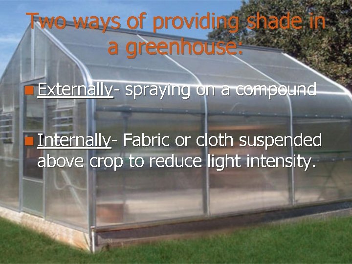 Two ways of providing shade in a greenhouse: n Externallyn Internally- spraying on a