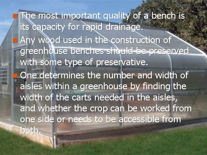 n The most important quality of a bench is its capacity for rapid drainage.