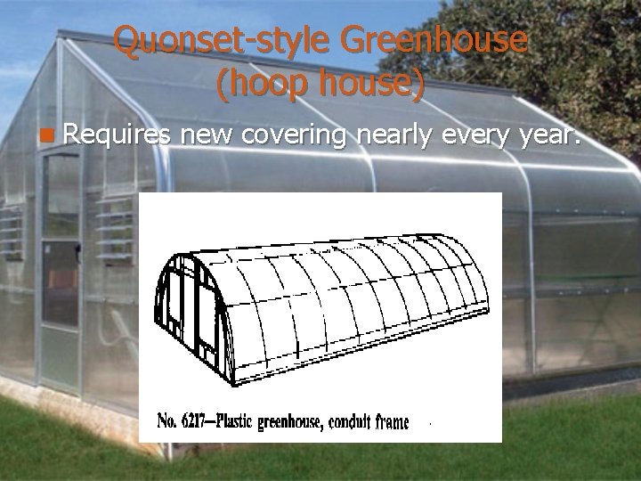 Quonset-style Greenhouse (hoop house) n Requires new covering nearly every year. 