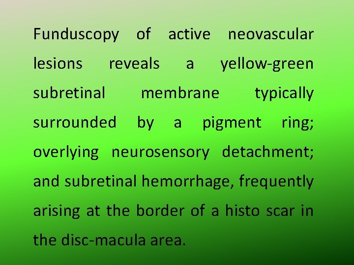 Funduscopy of active neovascular lesions reveals a yellow-green subretinal membrane surrounded by a typically