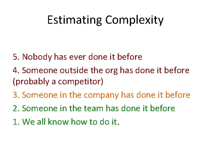 Estimating Complexity 5. Nobody has ever done it before 4. Someone outside the org