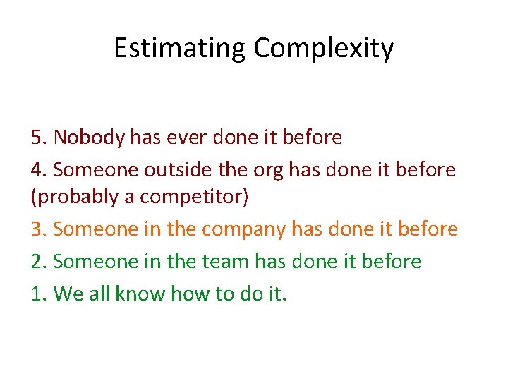 Estimating Complexity 5. Nobody has ever done it before 4. Someone outside the org
