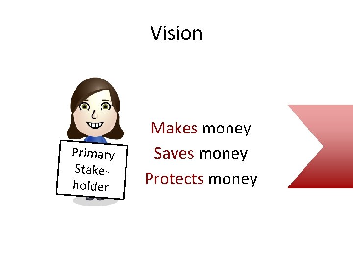 Vision Primary Stakeholder Makes money Saves money Protects money 