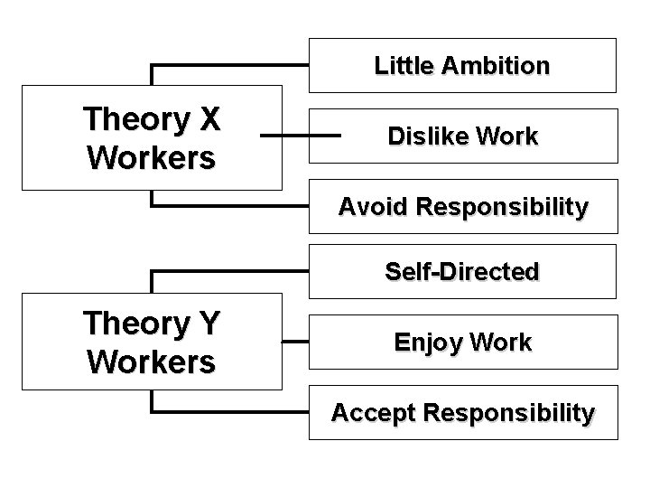 Little Ambition Theory X Workers Dislike Work Avoid Responsibility Self-Directed Theory Y Workers Enjoy