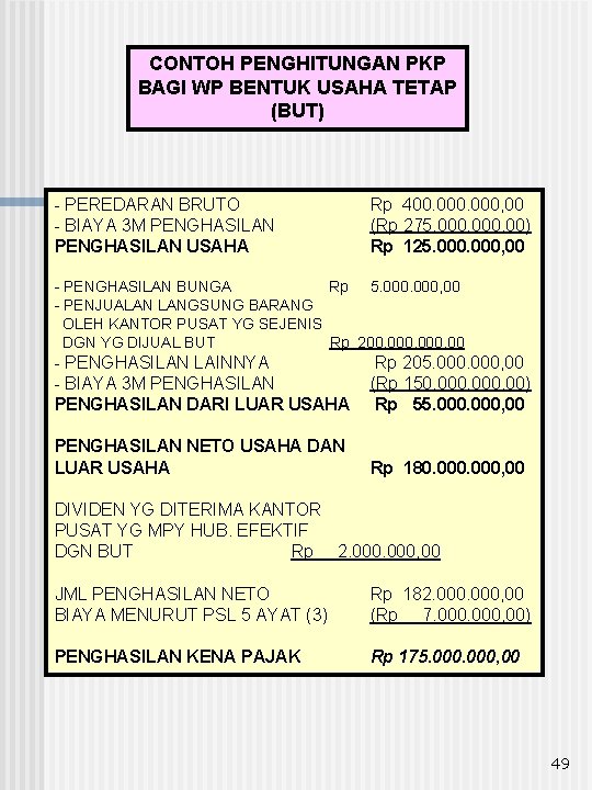 CONTOH PENGHITUNGAN PKP BAGI WP BENTUK USAHA TETAP (BUT) - PEREDARAN BRUTO - BIAYA