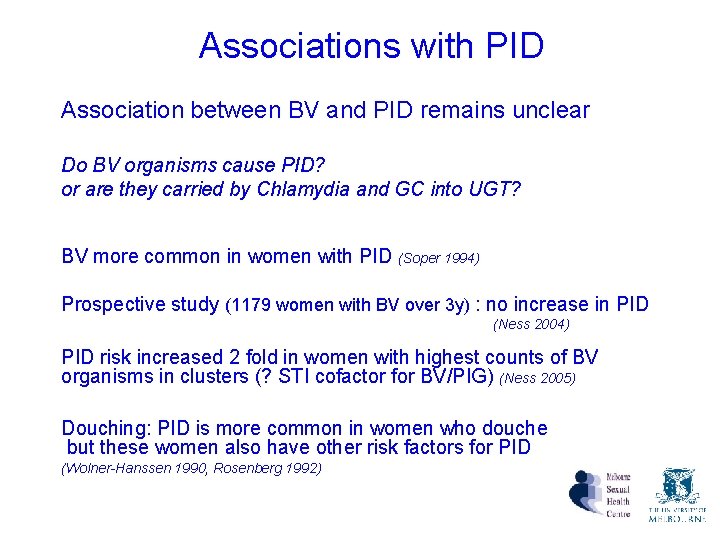 Associations with PID Association between BV and PID remains unclear Do BV organisms cause Associations with PID Association between BV and PID remains unclear Do BV organisms cause