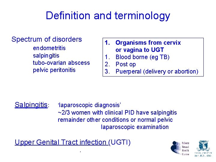 Definition and terminology Spectrum of disorders endometritis salpingitis tubo-ovarian abscess pelvic peritonitis Salpingitis: 1. Definition and terminology Spectrum of disorders endometritis salpingitis tubo-ovarian abscess pelvic peritonitis Salpingitis: 1.