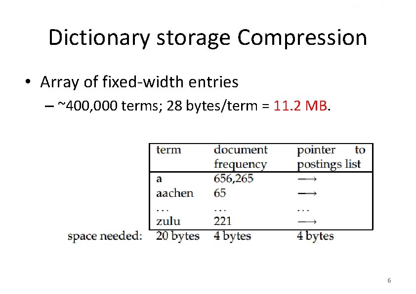 Sec. 5. 2 Dictionary storage Compression • Array of fixed-width entries – ~400, 000