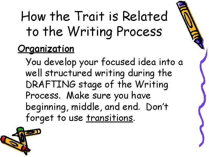 How the Trait is Related to the Writing Process Organization You develop your focused