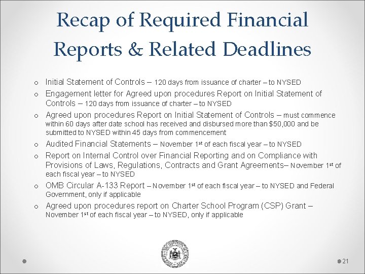 Recap of Required Financial Reports & Related Deadlines o Initial Statement of Controls –