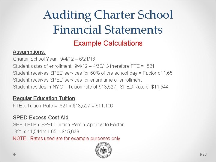 Auditing Charter School Financial Statements Example Calculations Assumptions: Charter School Year: 9/4/12 – 6/21/13