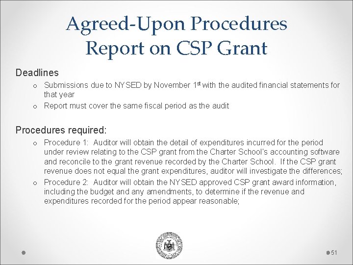 Agreed-Upon Procedures Report on CSP Grant Deadlines o Submissions due to NYSED by November