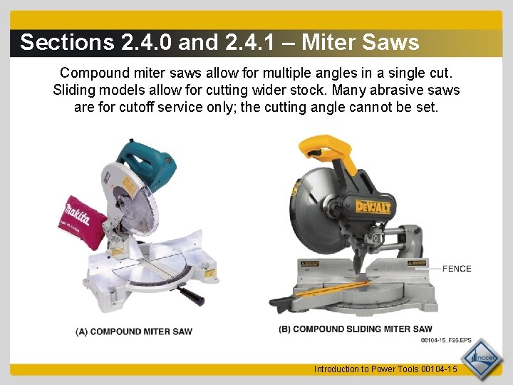 Sections 2. 4. 0 and 2. 4. 1 – Miter Saws Compound miter saws