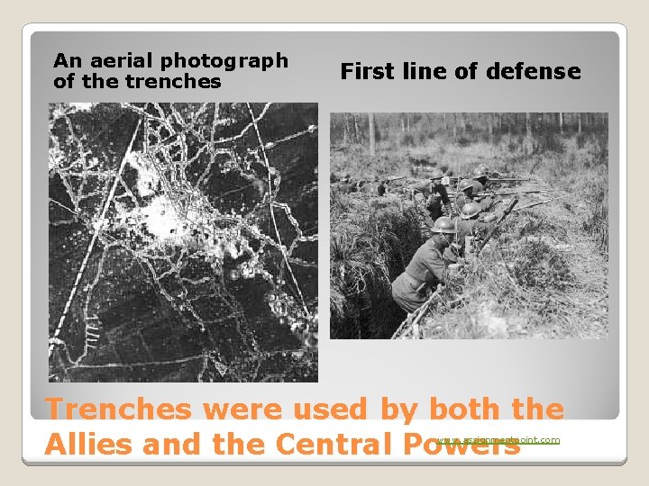 An aerial photograph of the trenches First line of defense Trenches were used by