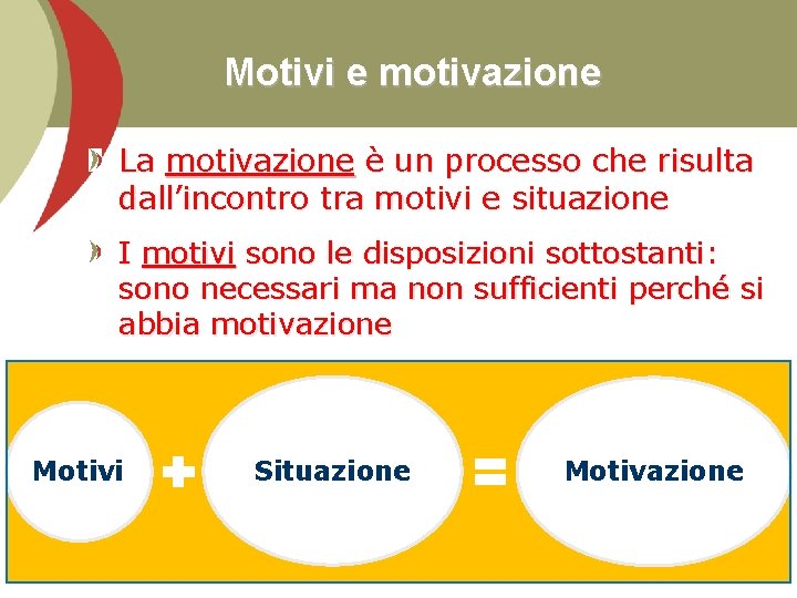 Motivi e motivazione La motivazione è un processo che risulta dall’incontro tra motivi e