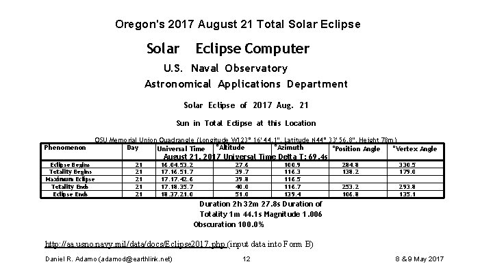 Oregon's 2017 August 21 Total Solar Eclipse Computer U. S. Naval Observatory Astronomical Applications Oregon's 2017 August 21 Total Solar Eclipse Computer U. S. Naval Observatory Astronomical Applications