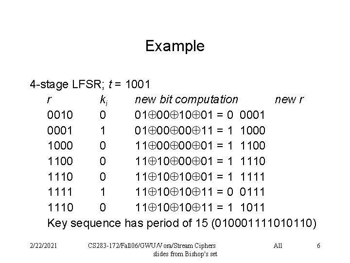 Example 4 -stage LFSR; t = 1001 r ki new bit computation new r